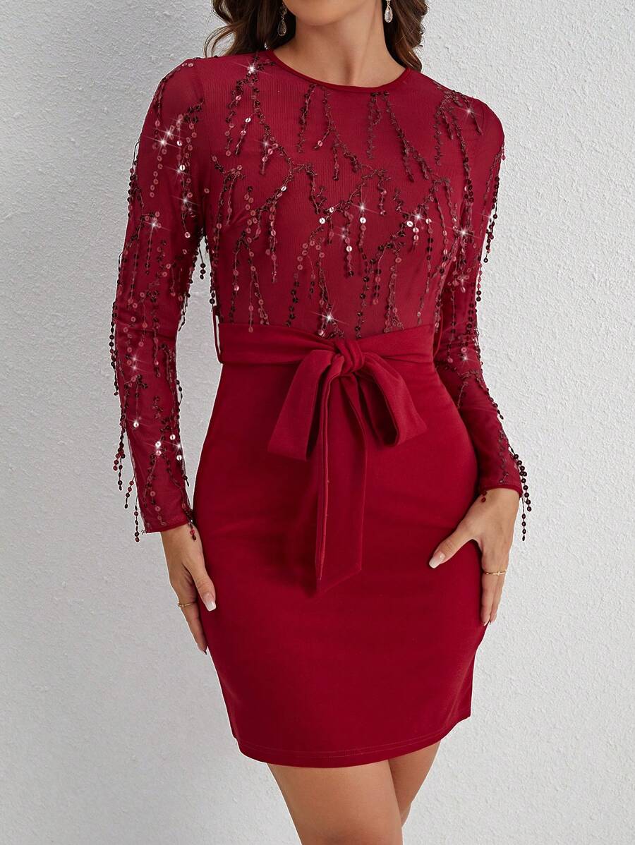 SHEIN Clasi 閃亮流蘇腰帶裝飾連身裙 - 紅色 - 查看 1
