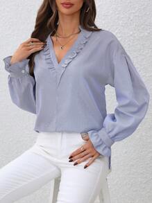 Chiquease Ruffle Hem Striped Blouse - Blue and White - View 6