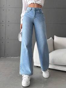 SHEIN Cottnline Casual Wide Leg Jeans ,Petite Women - Medium Wash - View 1
