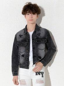 青少年男童新款休閒時尚仿舊水洗牛仔夾克 - 黑色 - 查看 4