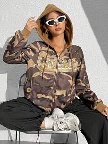 SHEIN Unity 迷彩字母印花束口帽衫 - 軍綠色 - 查看 5