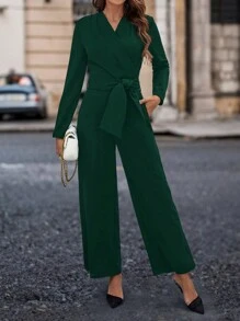 SHEIN Clasi Bọc Đường viền cổ áo Áo liền quần Với Nghiêng Túi Và Eo Thắt lưng - Màu xanh lá cây đậm - Xem 1