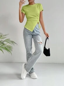 SHEIN Essnce 不對稱襯衫 T 恤,短袖 - 綠色 - 查看 3