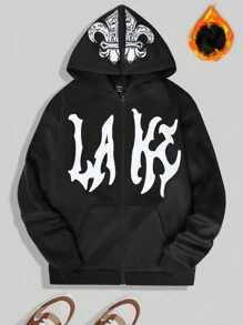 Manfinity EMRG Men's Loose Fit Hooded Fleece Sweatshirt With Letter Print - Black - View 1