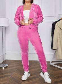 SHEIN Essnce Plus Size Women's Velvet Hooded Jacket And Pants Set With Kangaroo Pocket And Zipper - Pink - View 3