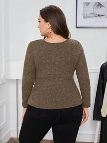 SHEIN Privé Plus Size Long Sleeve T-shirt With Twisted Knot Detail - Coffee Brown - View 2