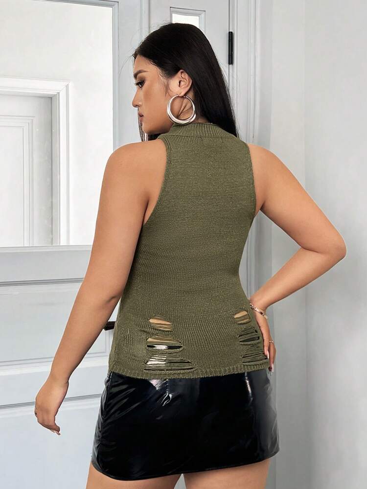 Plus Size Women's Knitted Sleeveless Top With Hollow Out Detail