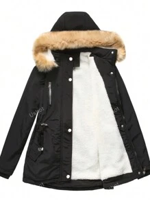 Women's Warm Parka Coat Thickened Winter Warm Furry Fluffy Hooded Jacket With Pocket Fashion Casual Ski Fit Windbreaker Outerwear