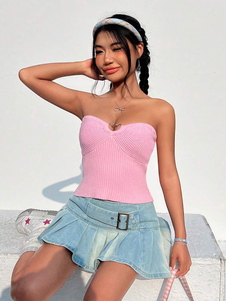 Heart & Circle Decorated Knit Tube Top
