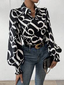 SHEIN Privé 文字圖案燈籠袖襯衫 - 黑色 - 查看 4