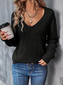 SHEIN LUNE V領下垂肩袖毛衣 - 黑色 - 查看 3
