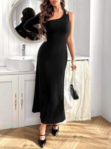 SHEIN Privé 女士一字肩長袖連衣裙 - 黑色 - 查看 5