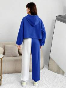青少年女孩針織字母印花連帽運動衫與拼色運動褲套裝 - 寶藍色 - 查看 2