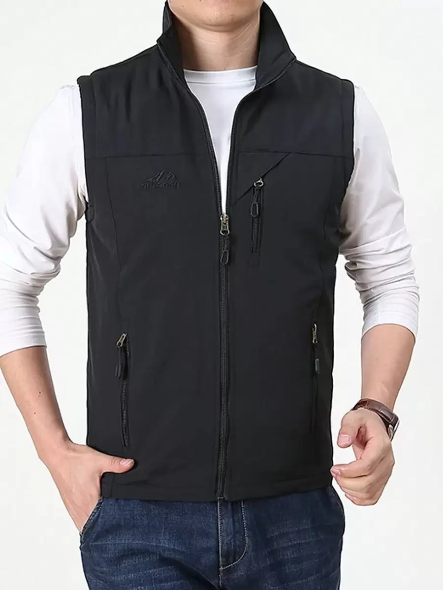 Men's Patched Detailed Letter Embroidered Vest, Waterproof - Black - View 1