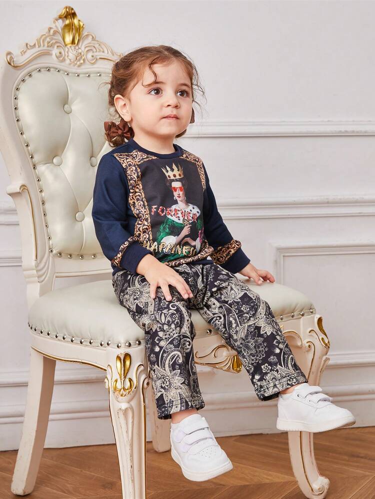 Baby Girl'S Winter Fun Printed Sweatshirt And Matching Printed Pants Outfit