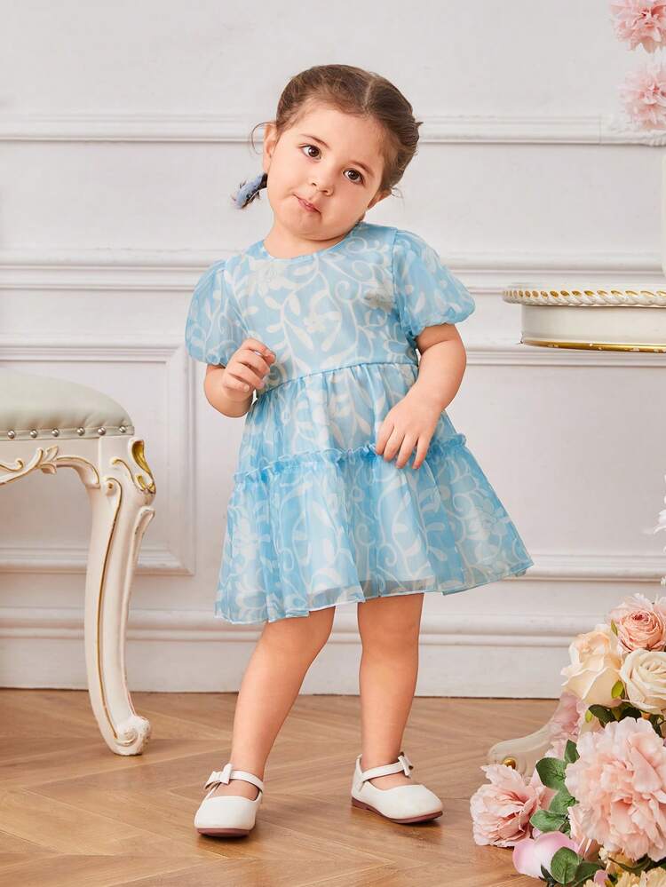 Baby Girls' Mesh Splicing Puff Sleeve Dress For Autumn And Winter