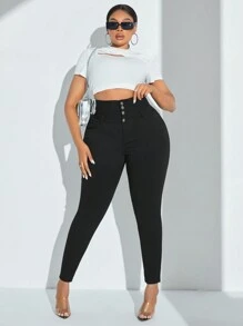 Flexra 大尺碼純色開扣修身褲 - 黑色 - 查看 6