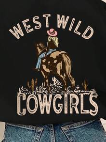 SHEIN EZwear Pattern Printed Round Neck Sweatshirt - Black - View 5