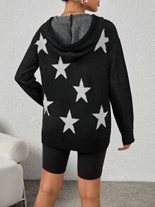 SHEIN EZwear Women's Starry Patterned Long Sleeve Hooded Sweater - Black - View 2