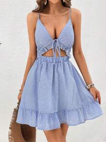SHEIN VCAY Women's Plaid Hollow Out Self-tie Strap With Ruffle Hem Tank Dress - Blue - View 3