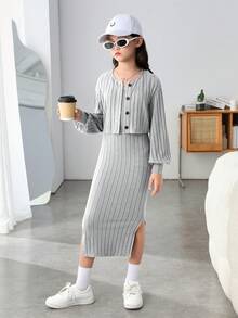 Tween Girl' Long Tank Dress Set With Kimono Sleeve Cardigan, Slit Hem - Light Grey - View 5