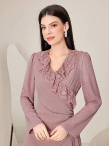 Modelyn Embroidered Mesh Ruffle Trim V-neck Long Sleeve Dress - Pink - View 4