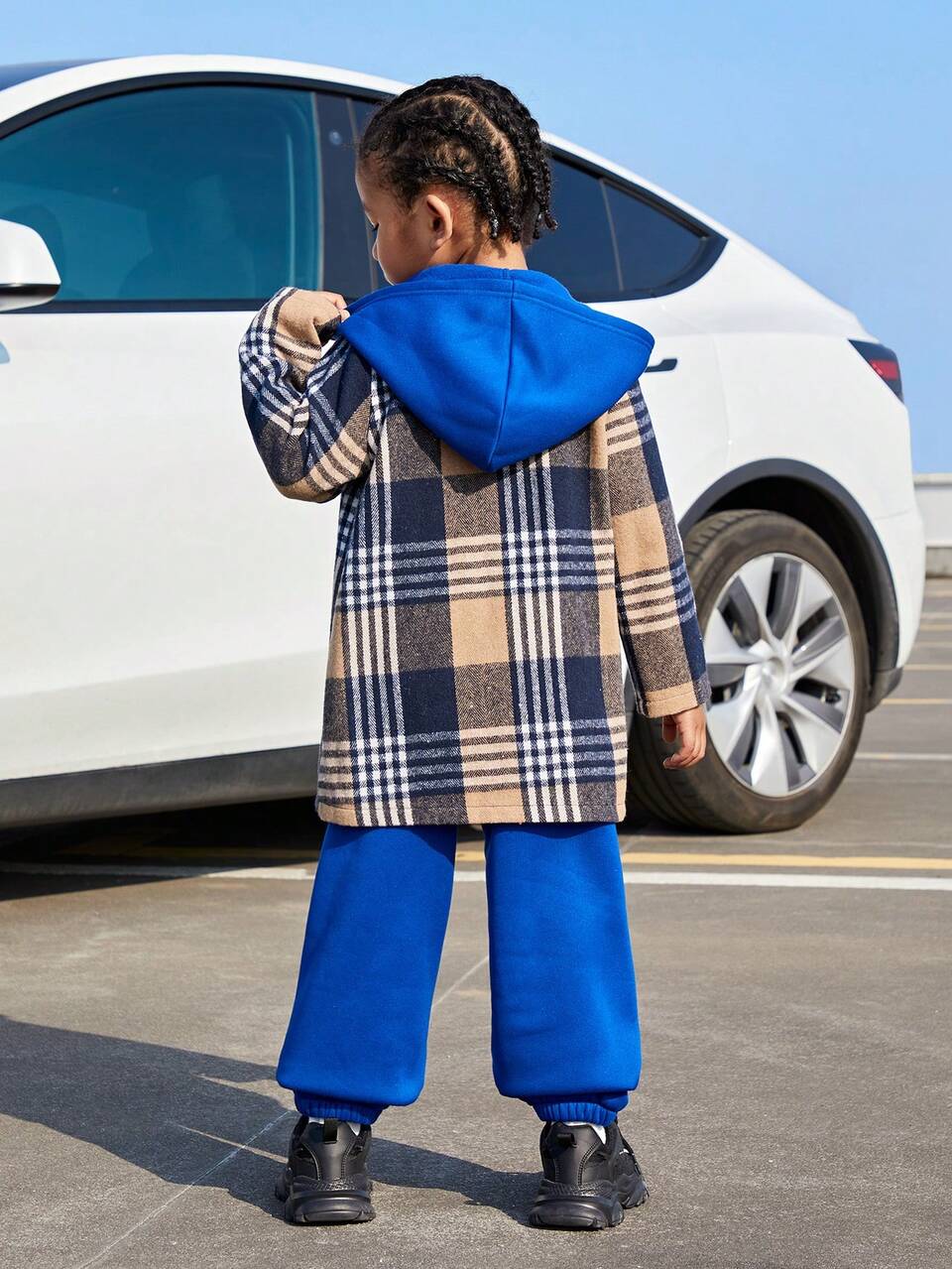 3pcs/set Toddler Boys' Checked Hooded Jacket, Pants And Short Sleeve T-shirt Outfits