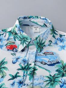 SHEIN 年輕男孩印花短袖襯衫款式，夏威夷風格，柔軟、涼爽、舒適，適用於夏季度假和外出 - 彩色 - 查看 6