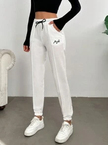 SHEIN Cottnline Women's Letter Embroidery Drawstring Waist Joggers - White - View 3