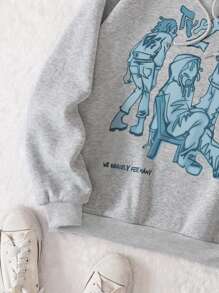 SHEIN EZwear 加大码卡通人物字母印花抽绳卫衣 - 淺灰色 - 查看 4