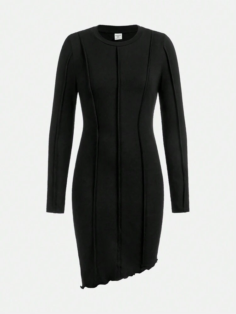 Teenage Girls' Knitted Solid Color Asymmetrical Hem Round Neck Long Sleeve Dress