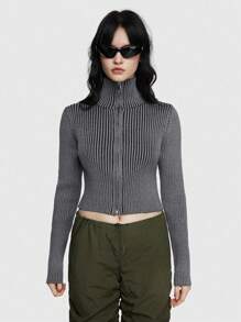 ROMWE Grunge Punk Outdoor Leisure Sporty Cropped Knit Cardigan - Grey - View 1