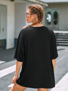 INAWLY Camiseta larga con estampado de letra y tigre, camisetas gráficas para mujer - Negro - Ver 2