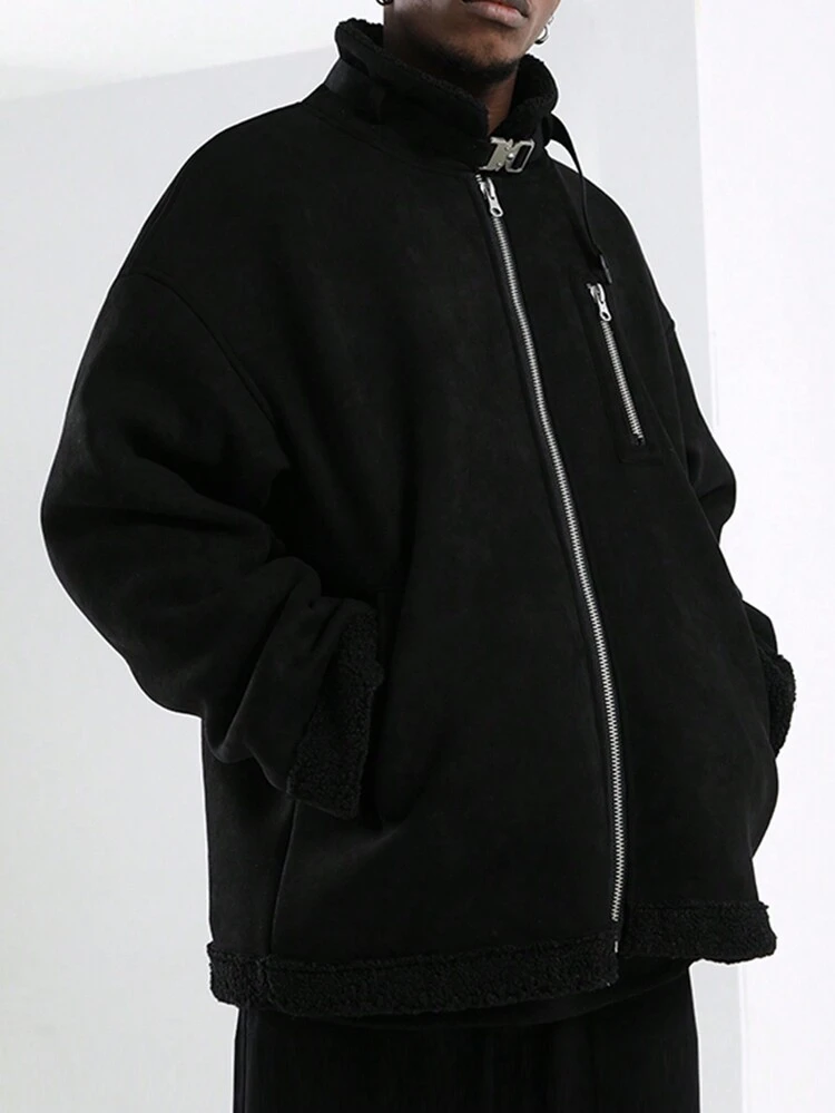 Loose-Fit Men's Zippered Front Stand Collar Drop Shoulder Sleeve Jacket
