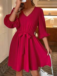 SHEIN LUNE Women's Solid Color Lantern Sleeve Dress With Waist Belt - Red - View 4