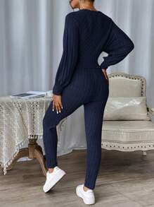 SHEIN Essnce Solid Color V-neck Batwing Sleeve Top And Pants Set - Navy Blue - View 2