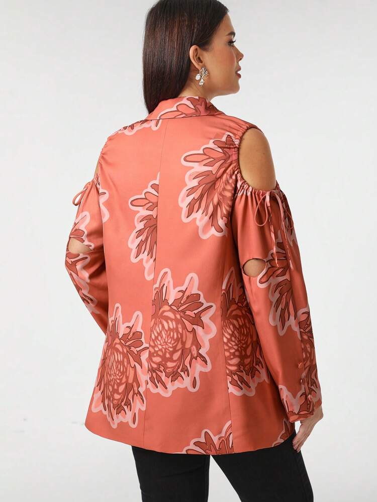 Designer Business Casual Plus Floral Print Cold Shoulder Blazer, Fall, For Autumn & Winter, Holiday, Vacation, Office