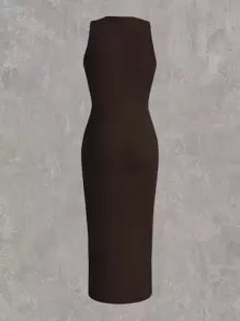 SHEIN EZwear Plus Size Women's Knit Solid Color Bodycon Tank Dress - Chocolate Brown - View 2