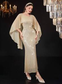 Modelyn Lưới Nối Nàng tiên cá Hem Kim sa Đầm Với Cape Thiết kế , Dạ hội Retro Đầm - Vàng - Xem 5