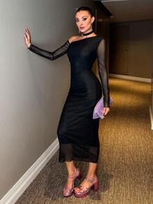 RueChic Mesh Splicing Asymmetrical Collar Design Dress - Black - View 4