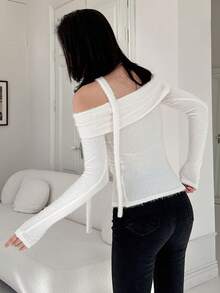 DAZY 女士露肩长袖T恤外出上衣 - 白色 - 查看 5