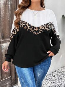 SHEIN LUNE 大碼對比豹紋印花圓領長袖休閒t恤 - 黑與白 - 查看 5