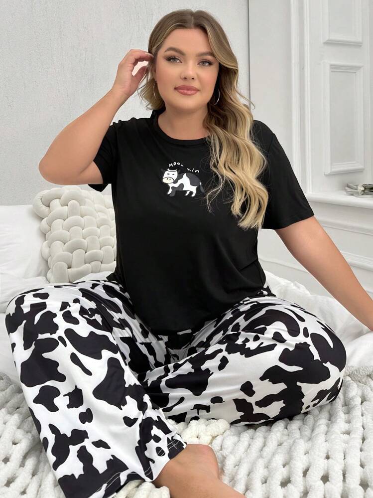 Plus Size Cow Printed Short Sleeve T-Shirt And Pants Pajama Set - Multicolor - View 6