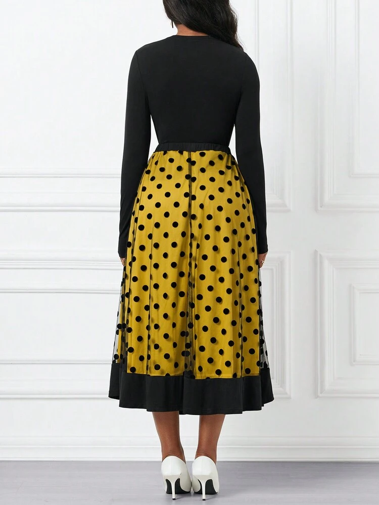 Women's Plain Top & Polka Dot Printed Mesh Skirt Set