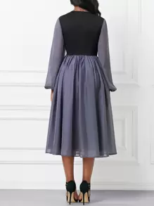 SHEIN Lady 女士對比色燈籠袖包裹束帶連衣裙 - 彩色 - 查看 2