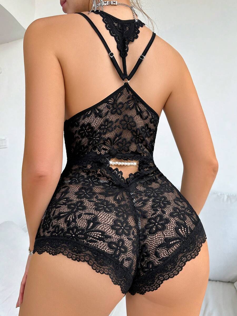 SHEIN Mameluco De Pijama De Encaje Con Espalda Hueca Para Mujer - Negro - Ver 1