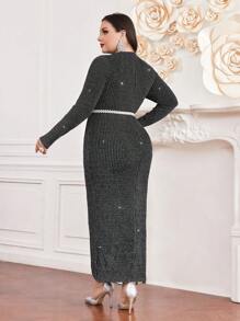 Modelyn Plus Size Wrap Around Sparkly Dress With Waist Belt - Black - View 2