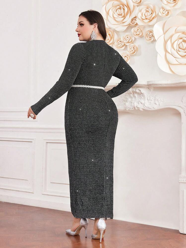 Plus Size Wrap Around Sparkly Dress With Waist Belt