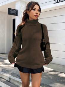 SHEIN Unity Của phụ nữ Giải trí Cổ cao Thả vai Áo len - Cà phê nâu - Xem 4