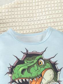 SHEIN Summer Street Style Dinosaur Printed Short Sleeve T-shirt And Shorts Set For Baby Boys - Green - View 3